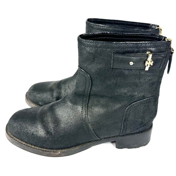Tory Burch leather Selena biker moto boots ankle distressed black 7.5 strap zip - Picture 1 of 16